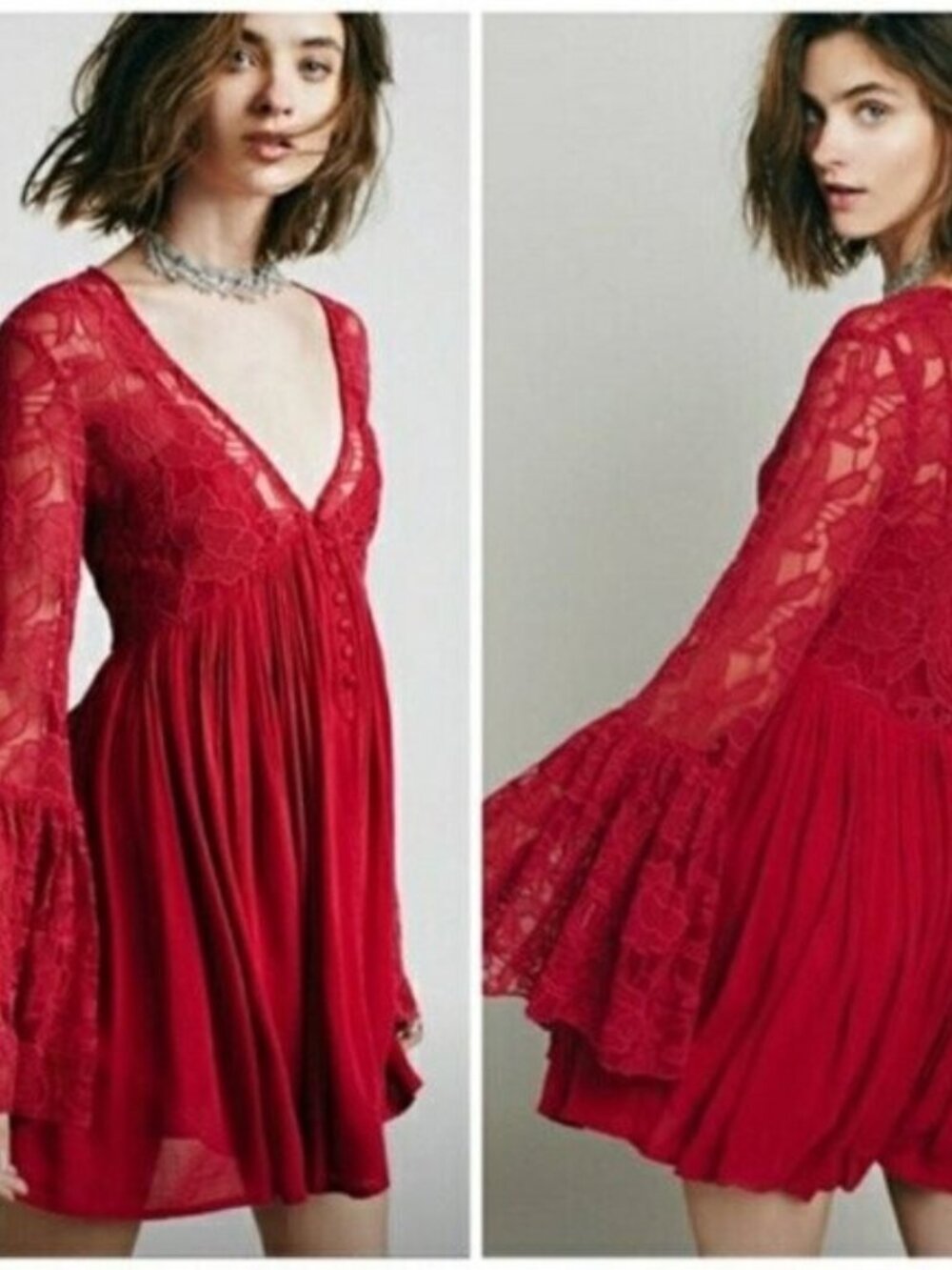 Free People Red Floral Lace Embroidered India With Love Bell Sleeve Boho Dress